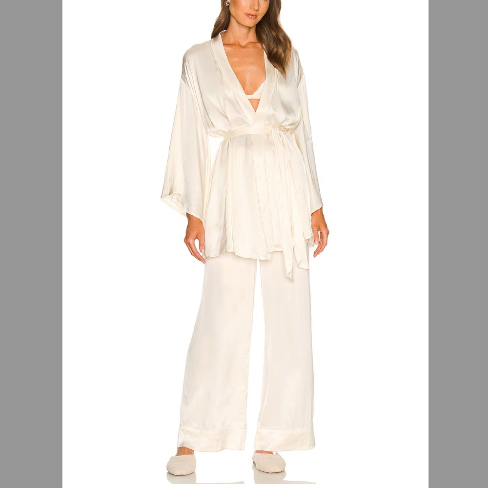 Privacy Please Cream Satin Robe and Pants Set including satin bra